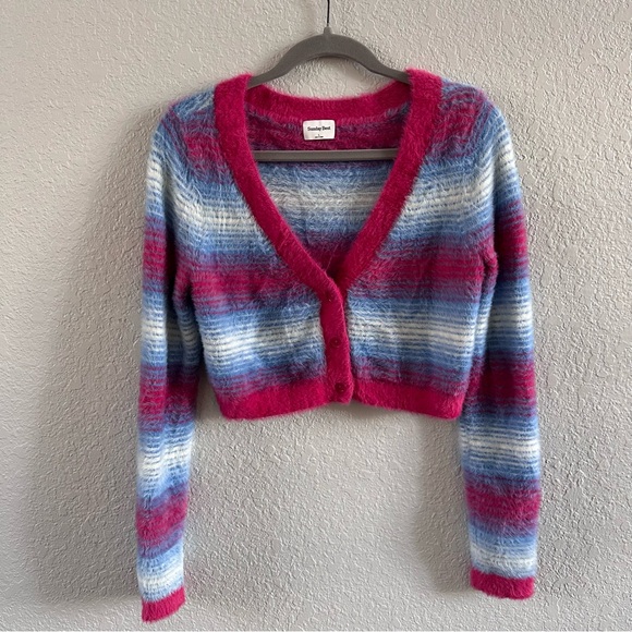Sunday Best Fuzzy Cropped Cardigan Striped Mohair Look Size L - Picture 3 of 7